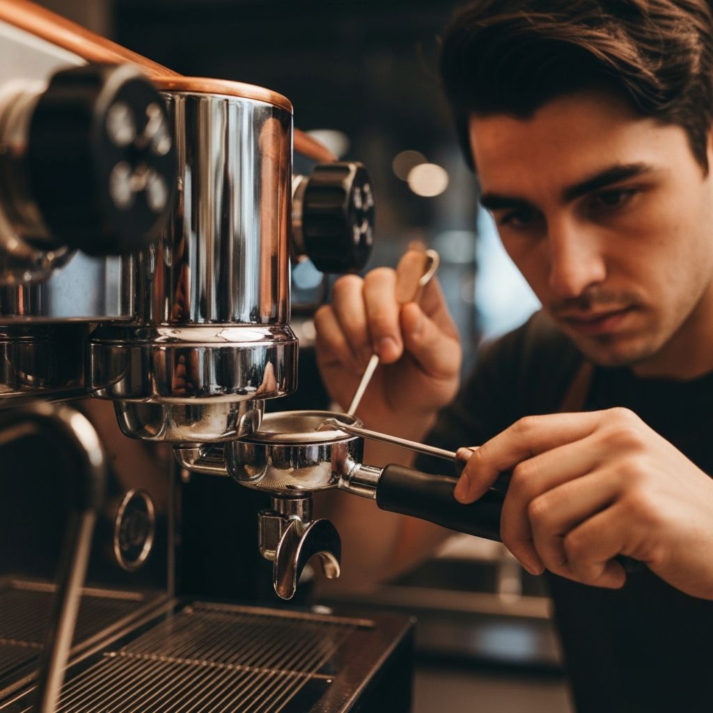Professionelle Siebträgermaschine wird gewartet